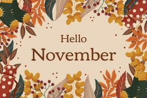 Hello November background design with different leaves branches, warm socksa and red vacuum flask, red berry on twig, copy space. Fall concept backdrop frame with foliage. vector