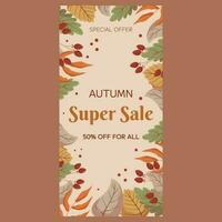 Autumn Super Sale vertical banner template design. Frame with different leaves and berries on a twig. Marketing banner with an offer of a special price. vector