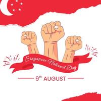 Vector graphic of Singapore National Day for greeting card with clenched fist, fireworks and ribbon