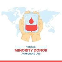 Vector graphic of two hands and blood bag on world map background, suitable for national minority donor awareness day