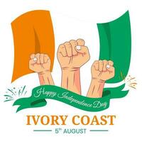 Vector graphic of Ivory Coast Independence Day for greeting card with clenched fist, fireworks and ribbon