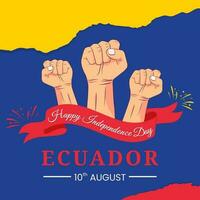 Vector graphic of Ecuador Independence Day for greeting card with clenched fist, fireworks and ribbon