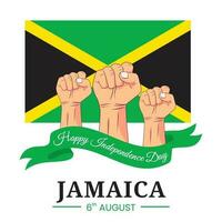 Vector graphic of Happy Jamaica Independence Day for greeting card with clenched fist and ribbon