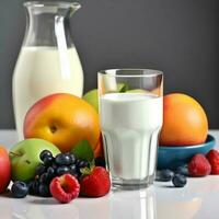 milk and fresh fruits in the table photo