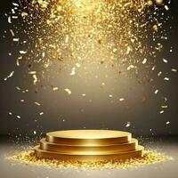 realistic golden podium with sparkling confetti with white gradient as background photo