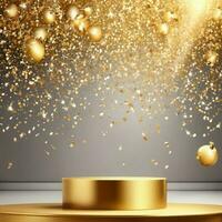 luxury realistic golden podium with sparkle and golden light photo