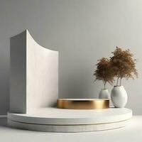3d minimalist podium for product presentation with plant and grey background photo