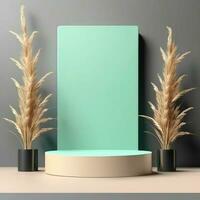 minmalist blue and brown podium with decor and plants on side photo