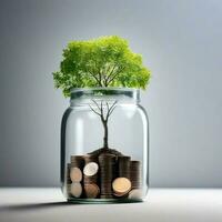 A tree grows on a coin in a glass with copy space with clean background photo