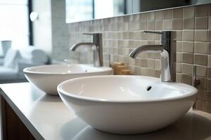 Modern public bathroom with row of white ceramic wash sink basins and faucet with mirror in restroom concept by AI Generated photo