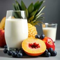 photo of fresh fruits and glass of milk in the table