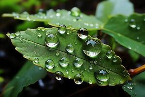 macro Disparo de verde hojas con agua gotas, Rocío o lluvia soltar en a ellos. verde hoja naturaleza bosque concepto por ai generado foto