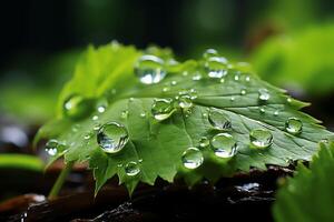 macro Disparo de verde hojas con agua gotas, Rocío o lluvia soltar en a ellos. verde hoja naturaleza bosque concepto por ai generado foto