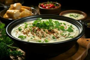 A delicious chicken soup food with vegetables in a bowl. Winter food and high protein soup meal concept by AI Generated photo