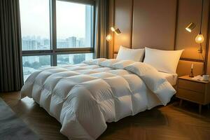 Beautiful luxury comfortable white pillow and blanket on bed decoration. Luxury white down comforter concept by AI Generated photo