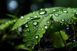 macro Disparo de verde hojas con agua gotas, Rocío o lluvia soltar en a ellos. verde hoja naturaleza bosque concepto por ai generado foto