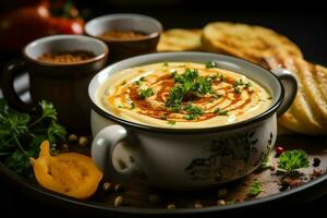 A delicious pumpkin soup food cream in a bowl. Winter food and high healthy soup meal concept by AI Generated photo