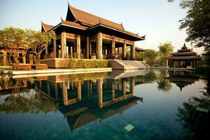 tailandés balinés lujo villa con infinito nadando piscina. un tropical jardín en ubud bali Indonesia concepto por ai generado foto