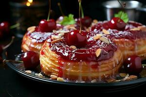 hecho en casa de delicioso Pastelería o panqueques con Fruta daneses y cereza. danés Pastelería y postre concepto por ai generado foto