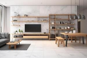 Modern apartment interior in living or bedroom design with working table, furniture, and bookshelf. Luxury home scandinavian concept by photo