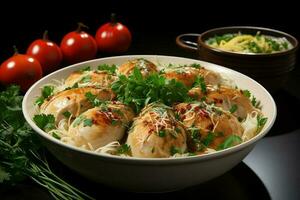 A delicious chicken soup food with vegetables in a bowl. Winter food and high protein soup meal concept by AI Generated photo