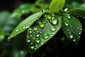 Macro shot of green leaves with water droplets, dew or rain drop on them. Green leaf nature forest concept by photo