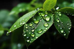 macro Disparo de verde hojas con agua gotas, Rocío o lluvia soltar en a ellos. verde hoja naturaleza bosque concepto por ai generado foto