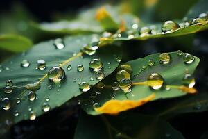 macro Disparo de verde hojas con agua gotas, Rocío o lluvia soltar en a ellos. verde hoja naturaleza bosque concepto por ai generado foto