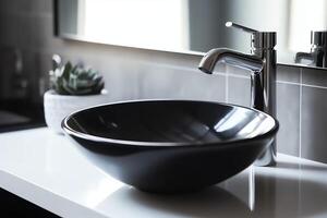 Modern public bathroom with row of white ceramic wash sink basins and faucet with mirror in restroom concept by AI Generated photo