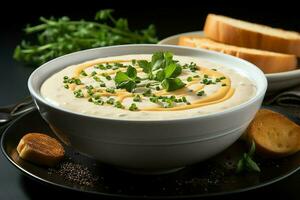 un delicioso pollo sopa comida con vegetales en un bol. invierno comida y alto proteína sopa comida concepto por ai generado foto