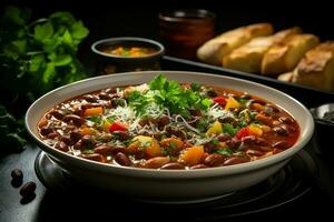 A delicious minestrone soup food in a bowl. Italian food and healthy protein soup meal concept by AI Generated photo