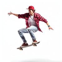 A caucasian man doing tricks or jumping on a skateboard at the street. Young man with skater jumping concept by photo