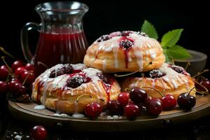 hecho en casa de delicioso Pastelería o panqueques con Fruta daneses y cereza. danés Pastelería y postre concepto por ai generado foto