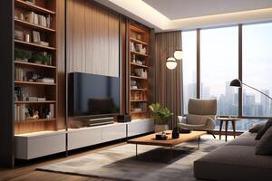 Modern apartment interior in living or bedroom design with working table, furniture, and bookshelf. Luxury home scandinavian concept by AI Generated photo