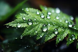 Macro shot of green leaves with water droplets, dew or rain drop on them. Green leaf nature forest concept by photo