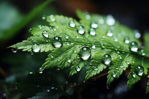 macro Disparo de verde hojas con agua gotas, Rocío o lluvia soltar en a ellos. verde hoja naturaleza bosque concepto por ai generado foto