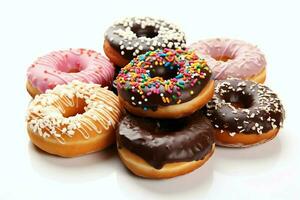 Colorful and tasty various donuts with colorful sprinkles sugar. Delicious dessert donuts background concept by AI Generated photo