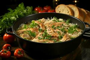 un delicioso pollo sopa comida con vegetales en un bol. invierno comida y alto proteína sopa comida concepto por ai generado foto