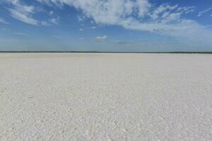 a large salt flat with a large building in the background photo