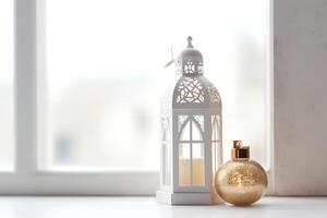 Eid mubarak and ramadan kareem greetings with islamic lantern and mosque. Eid al fitr background. Eid al fitr background of window concept by photo