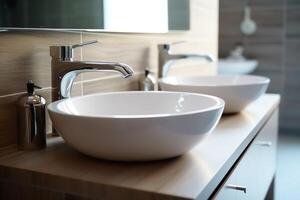 Modern public bathroom with row of white ceramic wash sink basins and faucet with mirror in restroom concept by AI Generated photo