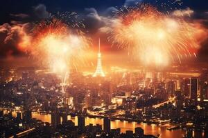 Beautiful firework show with cityscape at night for celebration happy new year. Firework display concept by AI Generated photo