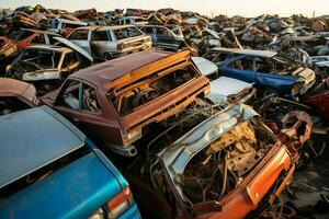 Rusting old junk cars with environment pollution in junkyard for recycling. Abandoned car waste concept by AI Generated photo