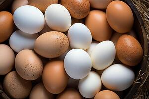 A lot heap of fresh chicken eggs on the wooden, nest or straw basket. Eco eggs groceries healthy concept by AI Generated photo