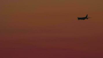 Widebody airfreighter on the final approach before landing on the background of the sunset dusk sky video