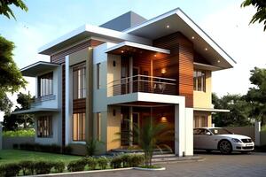 Beautiful modern house exterior with carport. Modern residential district and minimalist building concept by photo