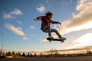 un caucásico hombre haciendo trucos o saltando en un patineta a el calle. joven hombre con patinador saltando concepto por ai generado foto