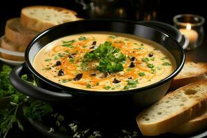 un delicioso Bullabesa sopa comida en un bol. Marsella comida y sano proteína sopa comida concepto por ai generado foto