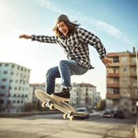 un caucásico hombre haciendo trucos o saltando en un patineta a el calle. joven hombre con patinador saltando concepto por ai generado foto