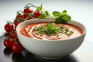 un delicioso tomate sopa comida en un bol. invierno comida y sano proteína sopa comida concepto por ai generado foto